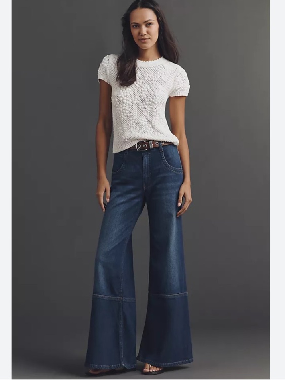 Pilcro High Rise Wide Leg Flare Jeans in Dark Denim Tencel Blend Soft Stretch